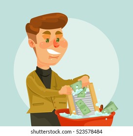 Businessman thief character launder dirty money. Vector flat cartoon illustration