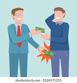 A businessman thief stole money from people. Illustration, Vector, Poster, Background or wallpaper. 