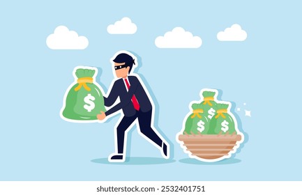 A businessman as a thief trying to steal a bag of money from a nest, illustration of a corruptor stealing company business assets