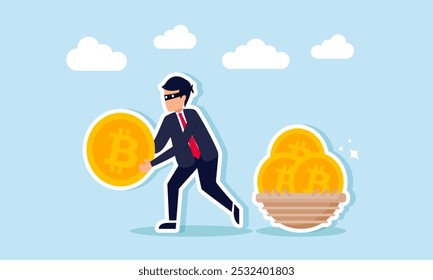 A businessman as a thief trying to steal bitcoin from a nest, illustration of a hacker stealing bitcoin assets