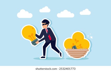 A businessman as a thief trying to steal a light from a nest, illustration of an idea thief applied to competitor businesses