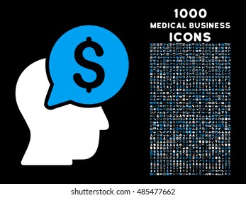 Businessman Think vector bicolor icon with 1000 medical business icons. Set style is flat pictograms, blue and white colors, black background.