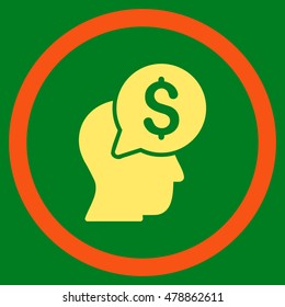 Businessman Think vector bicolor rounded icon. Image style is a flat icon symbol inside a circle, orange and yellow colors, green background.