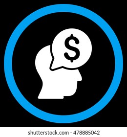 Businessman Think vector bicolor rounded icon. Image style is a flat icon symbol inside a circle, blue and white colors, black background.