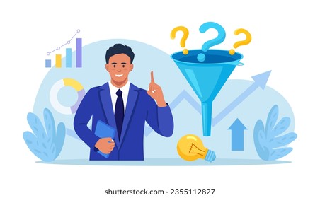 Businessman thinking about attracting customers, followers, making profit. Sales funnel of leads. Business strategy. Monetization tips. Increasing conversion rates SMM strategies