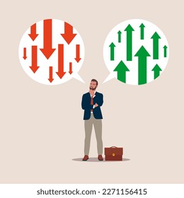 Businessman thinking about business arrow positive and negative.  Modern vector illustration in flat style