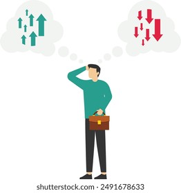 Businessman thinking about business arrow positive and negative. Modern vector illustration in flat style

