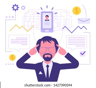 Businessman thinking about business plan. Male manager decide on new project to achieve future great goals, defining strategy or market direction. Vector abstract illustration with faceless character