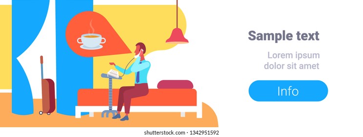 businessman thinking about coffee calling to reception making order guest sitting bed hotel room interior flat horizontal full length copy space