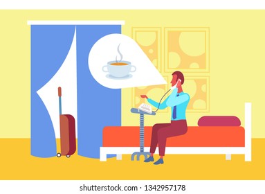 businessman thinking about coffee calling to reception making order guest sitting bed hotel room interior flat horizontal full length