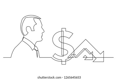 businessman thinking about collapsing stock market - continuous line drawing