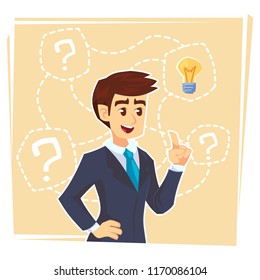 businessman thinking about creative idea. Business man standing with question marks and idea light bulb above her head. Business idea concept. Vector flat cartoon design illustration.
