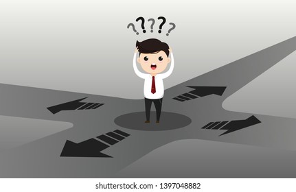 Businessman thinking about decisions to success, standing on the road.Businessman at crossroads in uncertainty concept.Vector, illustration,