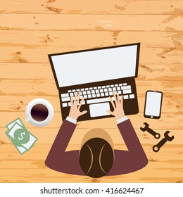 Businessman thinking about his project on wood table background,flat vector design. 