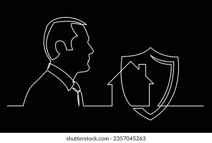 empresario que piensa en la seguridad en el hogar - dibujo continuo de líneas