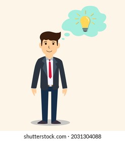 Businessman thinking about ideas. Light bulb icon in speech bubble. Creative idea and inspiration concept. Vector illustration