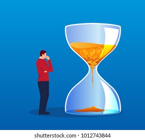 Businessman thinking about the money lost in the hourglass