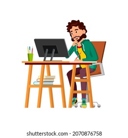 Businessman Thinking About Project Problem Vector. Smiling Caucasian Business Man Sitting At Workplace, Looking On Computer Screen And Thinking Goal Achievement. Character Flat Cartoon Illustration