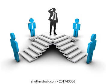 Businessman is thinking about right person. Abstract business concept. Vector illustration. 