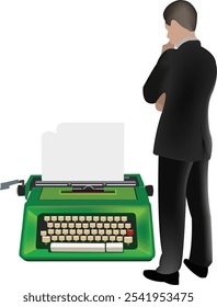 Businessman is thinking about writing with a vintage green typewriter on white background