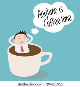 Businessman thinking anytime is coffee time on a cup - Vector 