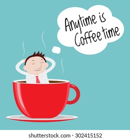 Businessman thinking anytime is coffee time on a cup - Vector 