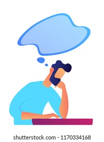 Businessman thinking and blue think bubble vector illustration. Searching for idea and brainstorming, businessman and IT expert, imagination and creativity concept. Isolated on white background.