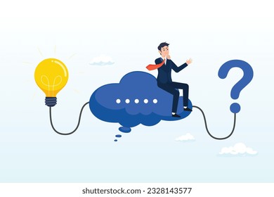 Businessman thinking bubble connect question mark to light bulb solution, problem solving, critical thinking or finding solution to solve problem, answer question, creativity or imagination (Vector)