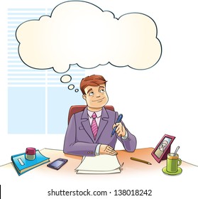 The businessman with the thinking bubble is dreaming over the blank papers on a table in the office.