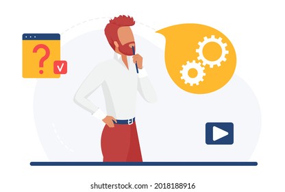 Geschäftsmann Denken, Business-Arbeit Problem Vektorgrafik. Cartoon man Unternehmercharakter im Zweifel braucht Unterstützung, die mit cograd steht, Frage-Markierungssymbol einzeln auf Weiß