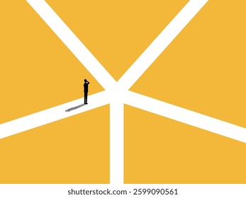 Businessman thinking to decide which path to choose