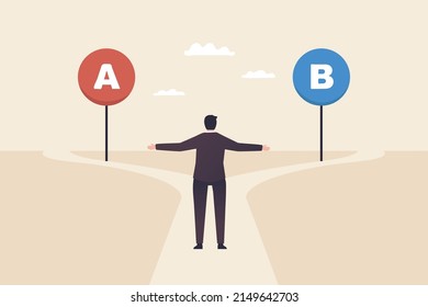 Businessman thinking, decision making, difficult choice, choose between two options, considering alternative, career strategy, questionnaire or survey. Cross roads with plan A plan B road signs.