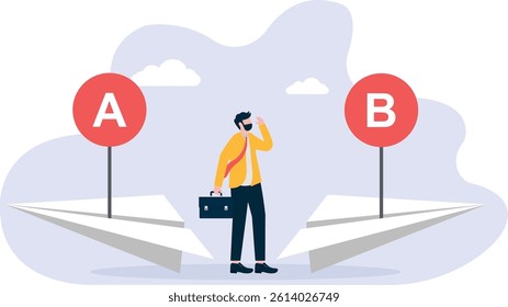 Businessman thinking, decision making, difficult choice, choose between two options, considering alternative, career strategy,

