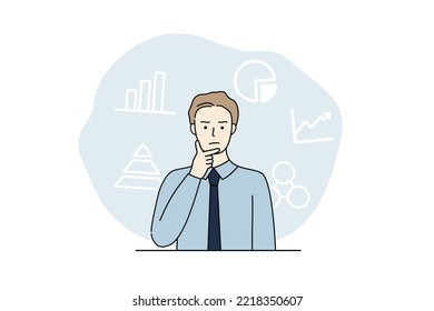 Businessman thinking with different graph and diagram data. Brainstorm, analysis, strategy concept. Hand Drawn cartoon style vector design illustration isolated on white background.