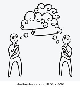 Pensamiento de los hombres de negocios. Icono del vector Doodle. Dibujo de la ilustración de la caricatura dibujada a mano.