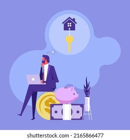 Businessman Thinking Or Dreaming About Buying A New House. An Employee Have A Goal To Own A Personal Property And Work For Success. Vector Illustration 