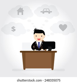 Businessman  thinking and dreaming of having house, car, love and saving money.