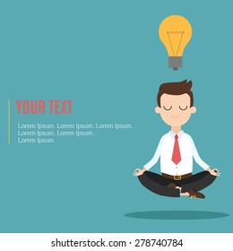 Businessman thinking during meditation, cartoon flat vector background