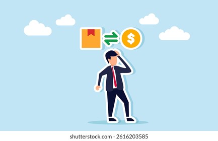 businessman thinking with exchange icon between package box and dollar coin, illustration of thinking about financial rotation and business investment strategy