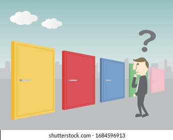 Businessman thinking in front of many colored doors. The concept of an important choice in difficult decisions, life, failure, and success. Road to the unknown future, business