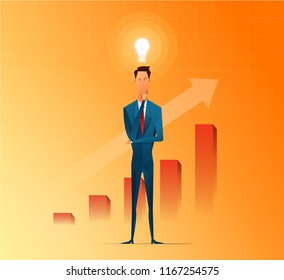 Businessman thinking and getting ideas to success business, cartoon flat vector background