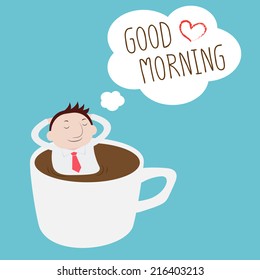 Businessman thinking good morning on a cup - Vector