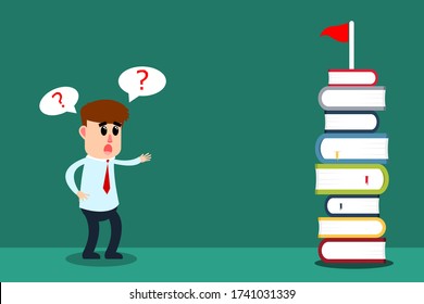 Businessman are thinking to grab the flag of success. A stack of books. To be successful must have knowledge and ability. Business Concept. Vector illustration