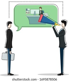 Empresario pensando en su trabajo mientras su colega grita a través de su concepto de vector megáfono, aislado en fondo blanco con icono de burbuja de pensamiento