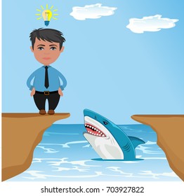 businessman thinking how to jump over gap with shark, vector illustration