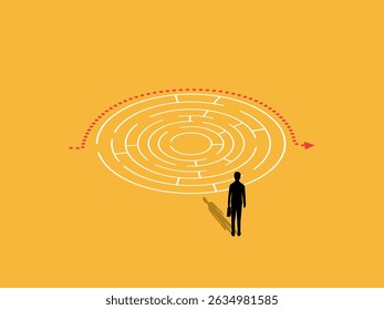 Businessman thinking indirectly, solving a maze successfully