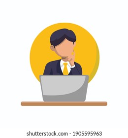 Businessman thinking infront of laptop vector illustration isolated