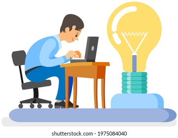 Businessman thinking with light bulb, creative idea. Man sitting at workplace and working with computer. Calm guy in business suit trying to finish task on time. Employee works to deal with deadlines