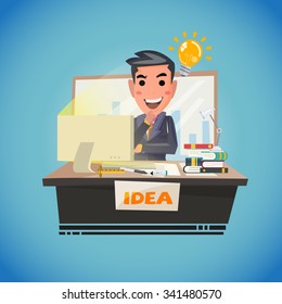 Businessman thinking with light bulb. creative idea. smart thinking - vector illustration