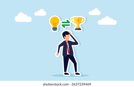 Businessman thinking with lightbulb icon exchange sign and trophy illustration of brainstorming ideas to design strategy to become a leading company